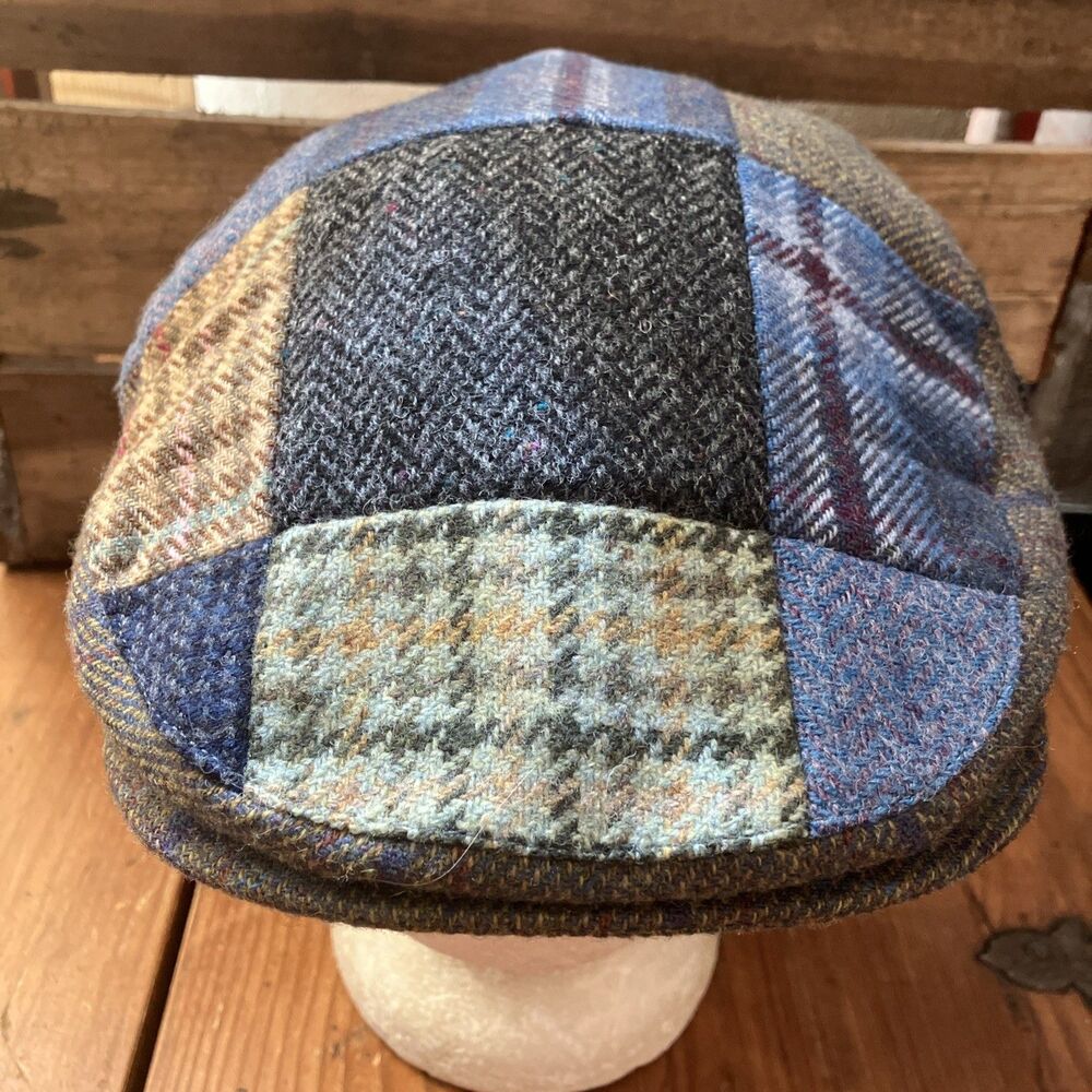 John Hanly Ireland Patchwork Newsboy Flat Cap Herringbone Mens 7 3/8 60 CM Wool